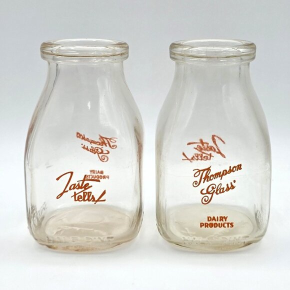 Vintage Thompson's Dairy Products Taste Tells USA Half Pint Milk Bottle Set of 2 - Picture 1 of 12